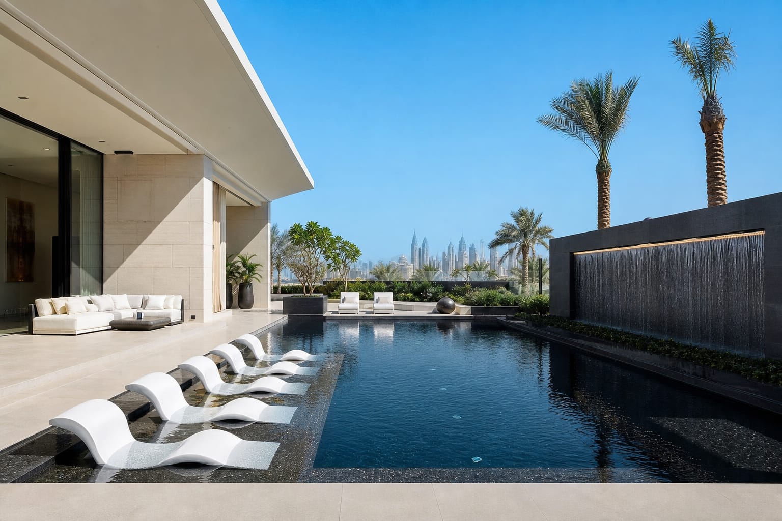 Modern geometric pool beside a contemporary villa