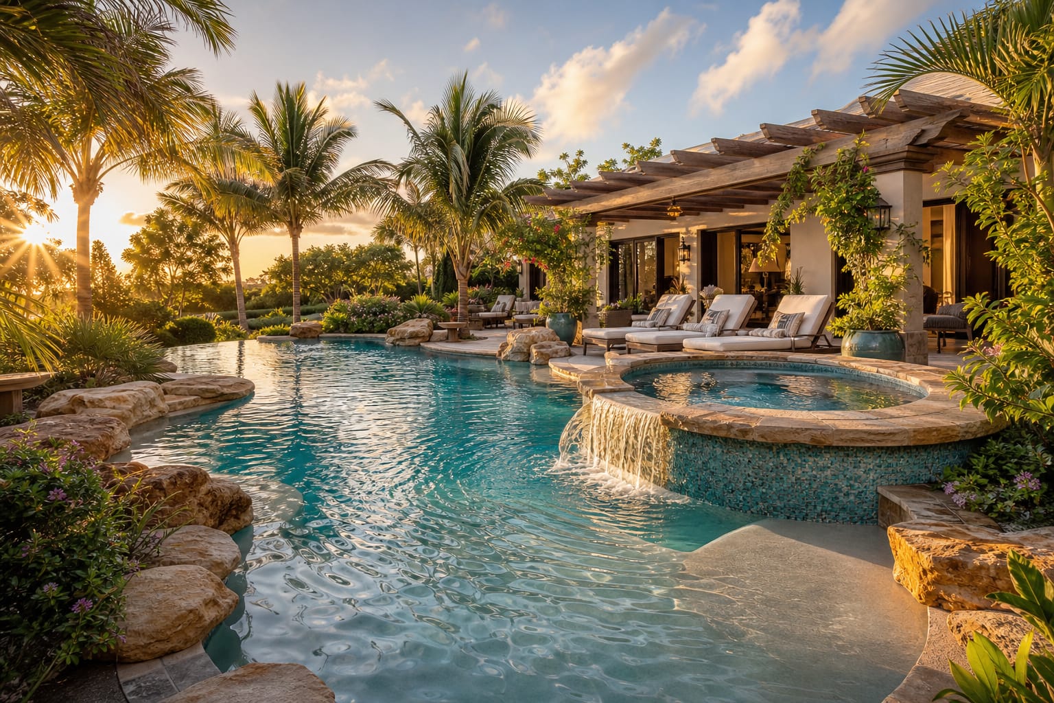 A luxury Blue Dragon villa pool with detailed stonework and lighting