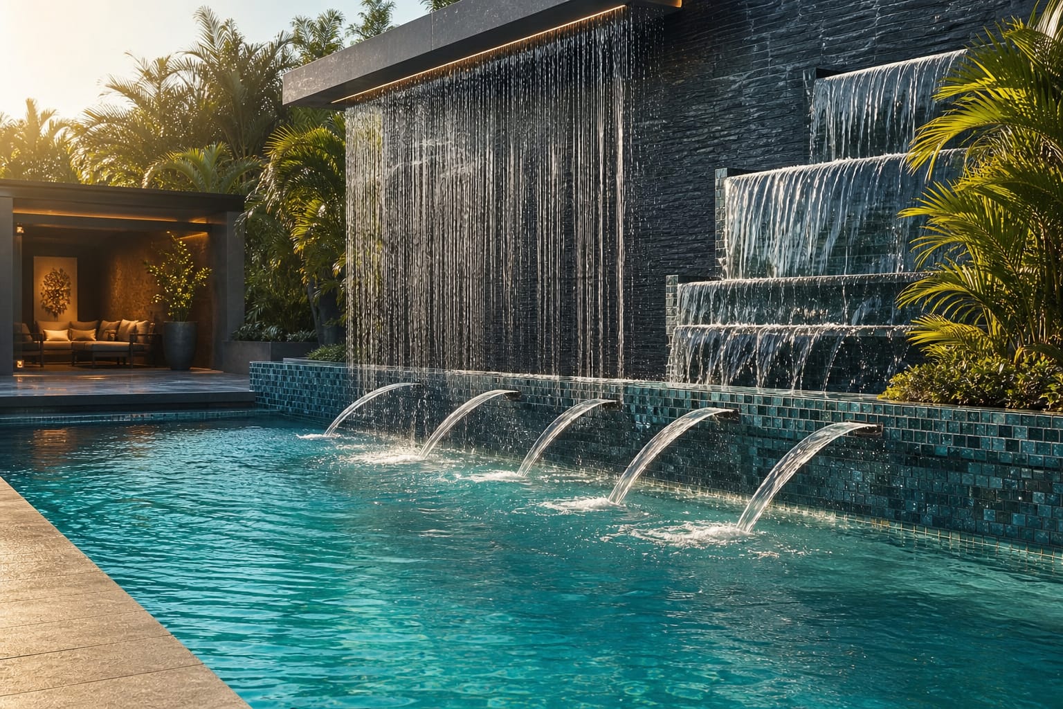Cascading water feature beside a pool